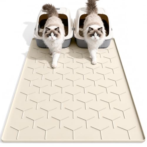 Image of Garoopion Silicone Cat Litter Mat Large 40 inch X 28 inch, Easy to Clean, Beige | Large Size Waterproof Silicone Mat with Raised Edges, Catch Litter, Protect Floor from Urine, Multi-Use for Dog /Sink /Kitchen