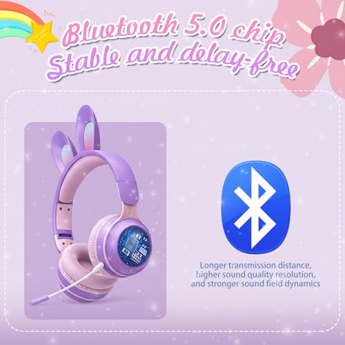 Image of Bluetooth Noise Cancelling Headphones for Kids,Foldable Cat Headphones with LED Light Up Ear,Cat Ear Headphones for Toddler with Microphone /TF Card,Kids Bluetooth Headphones (Rabbit Purple) | Delight your child with these stylish LED cat ear headphones premium noise cancellation, built-in mic, and wireless ease.