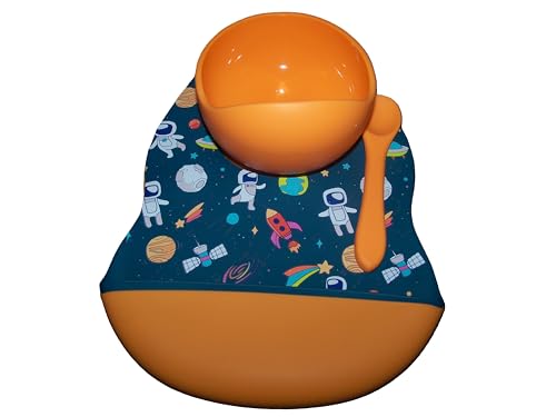 Blue Space Theme - Astronaut Pattern Bib set with Bowl & Spoon, Blue & Orange- 4 piece4