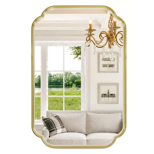 Wiserset Gold Bathroom Scalloped Mirror, 24&rdquo; x 36&rdquo; Rounded Corner Rectangle Wall...