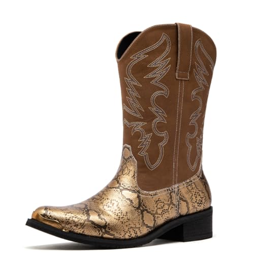 Image of Men's cowboy boots round toe boots embroidered with traditional Western country artificial snakeskin pattern