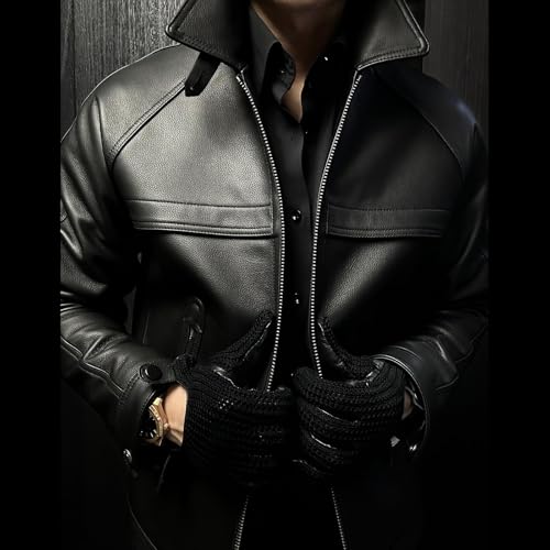 Men's Genuine Leather Jacket Classic Motorcycle Jacket Two Ways to Wear Stand-Up Collar or Folded Down Style4