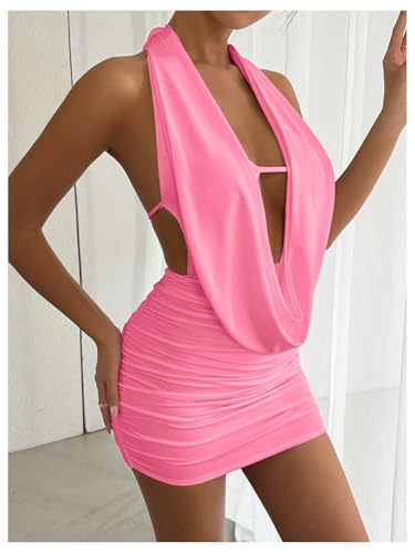 Image of SOLY HUX Women's Sexy Deep V Neck Halter Bodycon Mini Dress Sleeveless Party Club Dresses