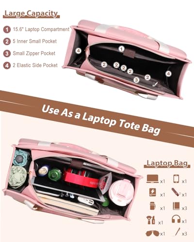 Bnlcd Lunch Tote Bag for Women - 15.6 Inch Laptop Work Bag with Insulated Lunch Compartment - Large Capacity Quilted Computer Handbag - Leakproof Lunch Box for Women dults, Pink-white - image 5
