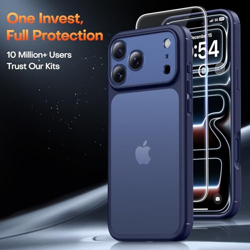 Image of TAURI for iPhone 17 Pro Case, with Screen Protector, Matte Blue | Full Camera Protection, Anti-Yellowing Military-Grade Protection Shockproof Slim Phone Case for iPhone 17 Pro