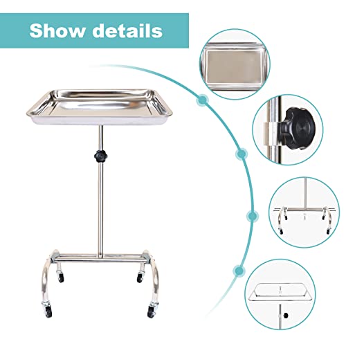 Konmee Premium Mayo Instrument Stand Salon Tray Medical Beauty Spa Dentist Tray with Wheels, Stainless Steel - Thumbnail 6
