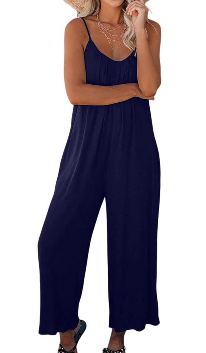 Combinaison Femme Été Sans Manches Casual Jumpsuit Chic et Élégant Bretelles Spaghetti longue femme Col V Combinaison à jambes larges poches Style bohème Sans manches