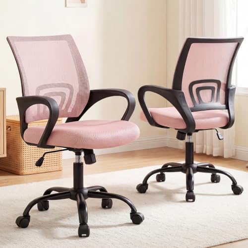 Image of DUMOS Ergonomic Home Office Chair, Executive Mesh Desk Chair, 2 Pack | Height Adjustable, Lumbar Support, Breathable Mid Backrest, Fixed Armrest, Rolling Wheels, Computer Gaming, Meeting, Pink