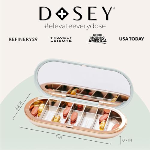 Image of Dosey 7 Day Pill Compact Travel Pill Organizer - Pill Case with 7 Pill Compartments for Medicine Storage & Protection - Stylish & Elegant Medication Organizer with Mirror, Sage