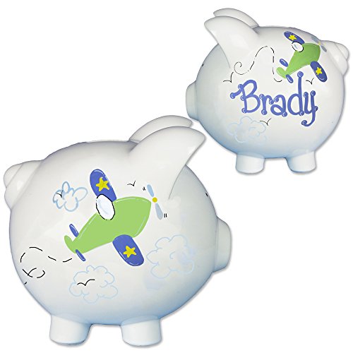 Boy's Piggy Bank - Hand Painted Personalized Large White Ceramic Piggybank (Air Plane)