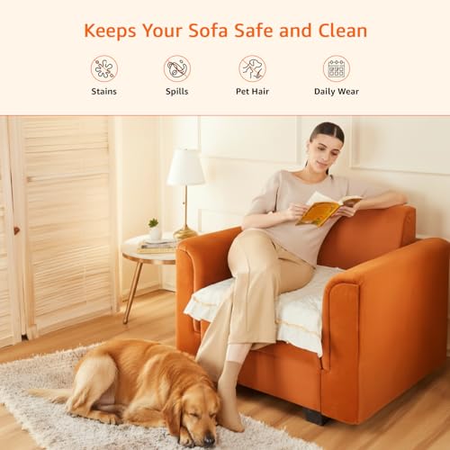 Image of Amazon Basics Quilted Sofa Cover for Single Seater, Modern Grid Pattern, Non-Slip Sofa Pad, 70x70 cm, Soft Silicone Grip Dots, 100% Polyester, Machine Washable - Off-White