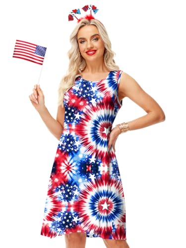 Image of Deerose 4th of July Dress for Women Sleeveless American Flag Patriotic Elastic High Waist Sundress
