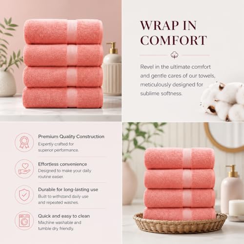 Image of Sulfar 100% Combed Cotton, Quick Drying Highly Absorbent, Luxury Hand Towel Set (Pack of 4, 40 X 70 cm) Coral Pink