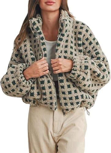 Yoawdats Womens Cute Sherpa Fleece Jacket Fuzzy Zip Up Checkered Cropped Going Out Jacket Teddy Fluffy Casual Outerwear (Green, L)