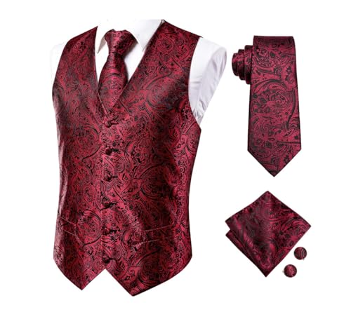 Men's Silk Vest Set with Tie Cufflinks Pocket Square Waistcoat for Wedding Formal Business Party