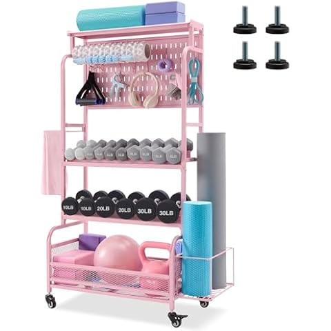 56'' Taller Home Gym Storage Organizer, Yoga Mat Storage Rack with Hanging Board, Exercise Workout Equipment Storage Stand for Home Gym, Dumbbell Holder Kettlebell Rack with Wheels and Hooks (Pink) Cover