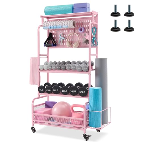 56'' Taller Home Gym Storage Organizer, Yoga Mat Storage Rack with Hanging Board, Exercise Workout Equipment Storage Stand for Home Gym, Dumbbell Holder Kettlebell Rack with Wheels and Hooks (Pink) by Lauren Harold - Used condition - US$77.61