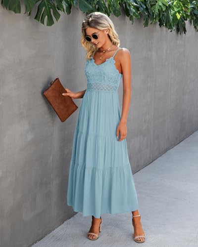 Image of Dokuritu Women's Beach Crochet Lace Maxi Dress Solid Color Summer Vacation Wedding Guest Spaghetti Strap Long Dress
