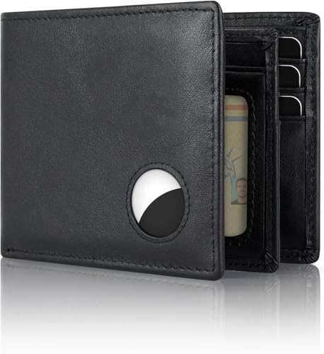 Swallowmall AirTag Wallet Mens RFID Blocking Genuine Leather Bifold Men's Wallet For air tag with 1 ID Window 13 Card Holders Black(Airtag Not included)