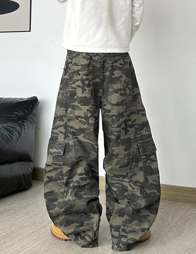 QGRSWBC Camo Pants Men Baggy Cargo Pants Casual Vintage Hip Hop Jeans Wide Leg Loose Skater Denim Trousers — view 3