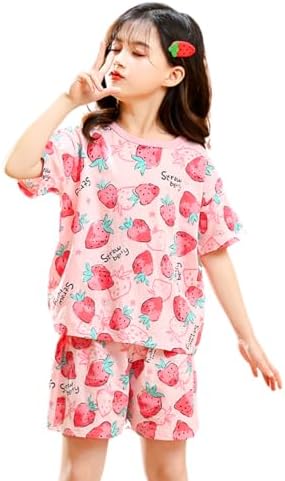 Girls' Summer Pajamas, 100% Cotton, Short-Sleeved, Two-Piece Set, Fruit Pattern (Strawberry, Lemon), Cute, Kids' Loungewear, Lightweight, Cool, 90-160cm