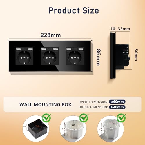 BSEED USB Steckdose Tripel Schwarz Schuko Steckdose mit USB Anschluss (Max. 2.1A) Unterputz Steckdose Glas Schutzkontakt-Steckdose Ladegerät für Handys, Laptops etc