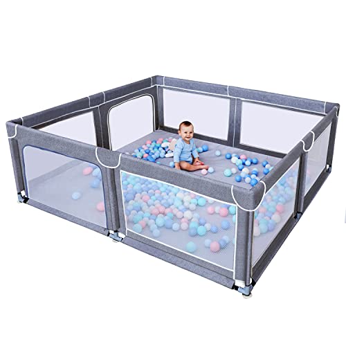 Image of TODALE Baby Playpen for Toddler, Extra Large Baby Playard, Infant Safety Activity Center, Sturdy Babies Playpen with Anti-Slip Suckers,Tear-Resistant Material &Breathable Mesh (Grey 70”×59”)