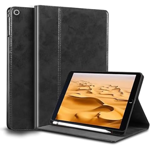 NANRUIL for Ipad Case 10.2-inch 9th/8th/7th Gen Genuine Leather Cover Protective Shell for 2021/2020/2019,Built-in Apple Pencil Holder and Auto Wake/Sleep.Black Cover
