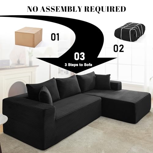 110” Cloud Sectional Couch, Boneless Sofa for Living Room, Modular Sectional Sofa with Deep Seat, Comfy Fluffy Couch with L-Shaped Chaise, No Assembly Required (Right-Facing Chaise, Black)