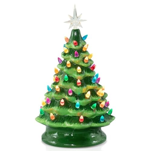 Brightown 13 Inch Ceramic Christmas Tree, Pre-lit Tabletop Christmas Tree with Multicolored LED...