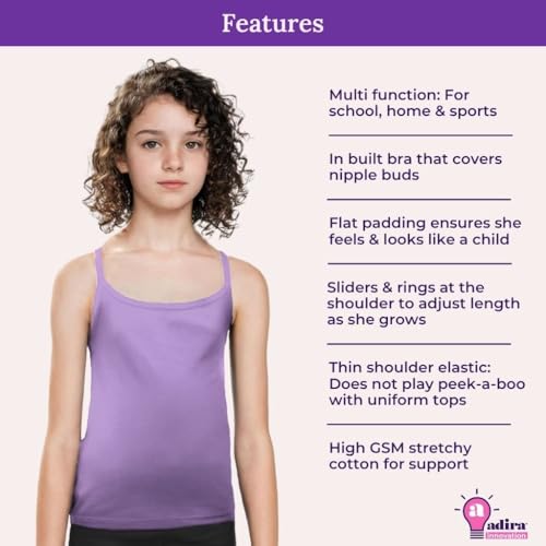 Image of Adira | Cotton Camisole for Beginners | Beginners Cami for Puberty | Flat Padding for Nipple Coverage | Confidence for School & Home | Soft Stretchy Cotton | Pack of 3