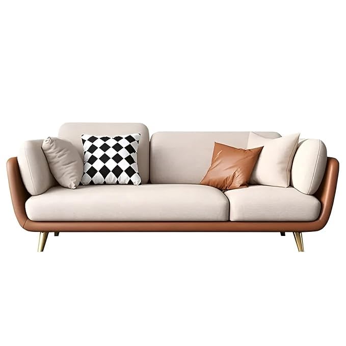 Image of Velvet Contemperory Sofa Couch with Cushion Chaise Lounge Sectional Perfect for Living Room & Bedroom Guests Home & Office (Leathre Brown & Beige)