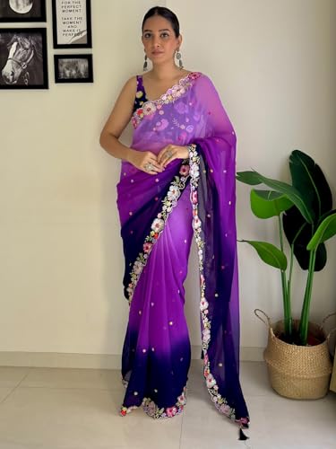 Image of AKHILAM Women's Multicolor Georgette Embroidered Saree with Unstitched Blouse Piece(KESARI7801 KR Parent)