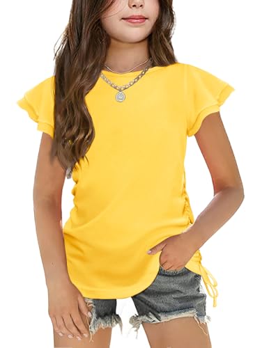 Image of Arshiner Girls T Shirts Ruffle Short Sleeve Ruched Knot Side Tunic Blouse Summer Tee Tops
