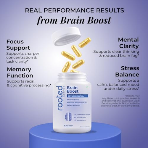 Image of Rooted Brain Boost - 6-in-1 Advanced Nootropic with Brahmi, Lion's Mane & Ayurvedic Herbs | Supports Focus, Memory, Mental Clarity & Stress Balance | Standardized Extracts | 60 Veg Capsules