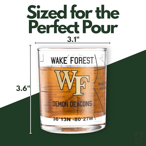 Image of Greenline Goods Wake Forest University Demon Deacons Whiskey Glasses Set of 2, 10 oz Rocks Glasses with Full-Color Logo & Campus Map - Officially Licensed Bourbon Glass Gift for Alumni & Fans