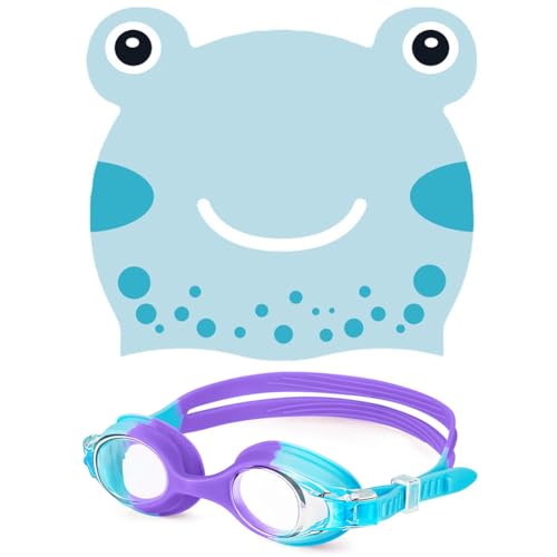 2 Piezas Silicona Gorra De Baño Gafas De Baño,Gorra De Baño De Dibujos Animados,Gafas Natación,Lindos Sombrero de Natación,Gorro de natación de Dibujos Animados para niños y niñas (Ranas)