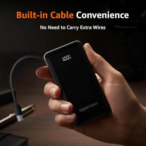 Image of Amazon Basics Power Bank, 10000mAh, 35W Nano, Built-in Type C Cable, 2 Ports - Metallic Silver