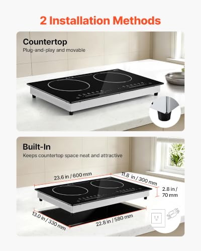 Image of VEVOR Electric Cooktop 24inch 2 Burners Portable Stove Top 1800W 120V, Ceramic Countertop /Built-in Radiant Electric Stove, with 9 Power Levels, Timer, Child Lock, Over-Heat Guard, Touch Control
