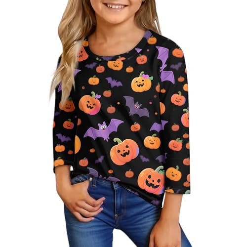 Girls Halloween Long Sleeve Shirt Cute Pumpkins Print Soft Crewneck Casual Top for Kids Holiday Party