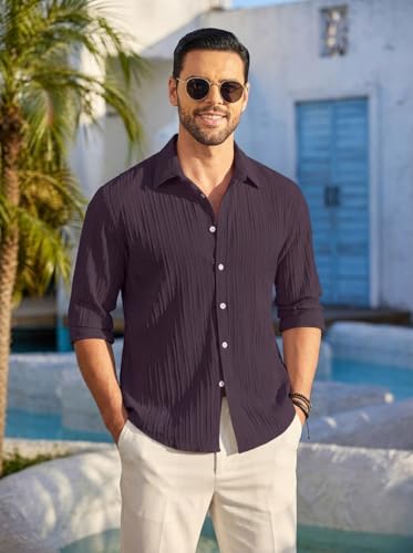 Image of FINIVO FASHION Men's Casual Cotton Polyester Blend Plain Button Down Shirt Long Sleeve Textured Summer Beach Shirt for Men