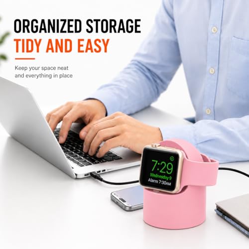 Image of Mizi Magnetic Charging Stand for Apple Watch Ultra 3 /2 /1 & Series 11 / to /1 /SE Silicone Wireless Charger Holder with Cable Management, Nightstand Mode Support, Portable Desk & Bedside Dock - Pink
