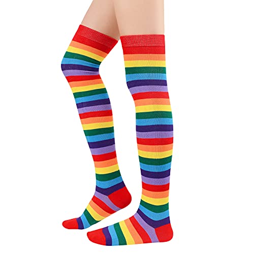 Zando Rainbow Socks Halloween Socks Women Striped Socks Cosplay Thigh High Socks Plus Size Thigh High Stockings Kawaii Leg Warmers Extra Long Socks Warm Knee High Socks K 1 Pair Red Rainbow One Size #TOP11