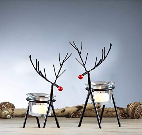 Tied Ribbons Christmas Reindeer Tealight Candle Holder | Black, Clear Glass | Metal Tealight Stands | Pack Of 2 | 5.3 X 3 Inch | Christmas Decoration For Home, Office #TOP2