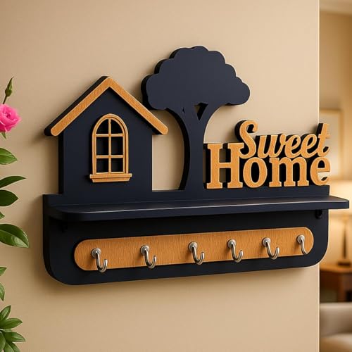 Image of Premium Key Holder with 7 Key Hanger Hooks | Self Adhesive 3D Designed Key Holder with Sweet Home Carvings and Decorative Shelf with Stainless Steel Hooks and Double Side Tape