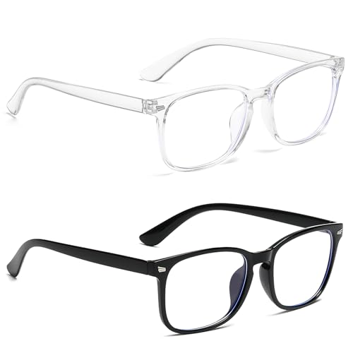 2 Pcs Blue Light Blocking Glasses, Anti-Glare Bue Light Headache Eyes Strain Screen Blue Light Reading Glasses for Womens Men, Gaming Computer Glasses with Blue Light Filter Black and Clear Glasses