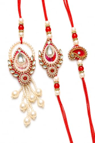 Image of Rakhi Set of 3 with Pearl and Crystal Embellishments, Red | Bhaiya Bhabhi Rakhi, Kundan Work, Pearl Tassels, Festive Thread, Traditional Design