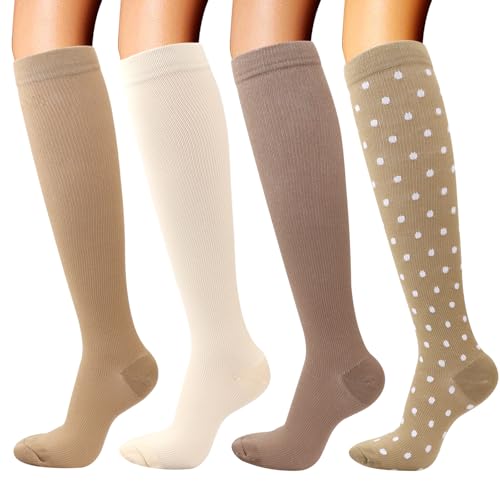 DRESHOW 4 Pares Meias de Compressão para Mulheres e Homens com Melhor Suporte Circulatório para Atletismo, Corrida, Ciclismo, Viajar, S-M