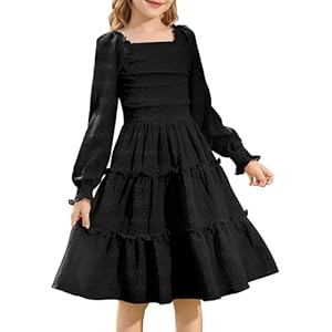 HOZIY Girls Long Sleeve Dress Ruched Smocked Tiered Ruffle A-Line Casual Boho Teen Dresses with Pocket Size 6-16 Years 9-10 Years Black