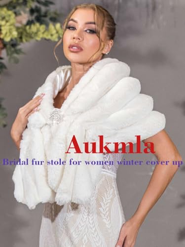 Aukmla Women Wedding Faux Fur Shawls and Wraps Bridal Fur Stoles Scarfs with Rhinestones Brooch for Bride and Bridesmaids2